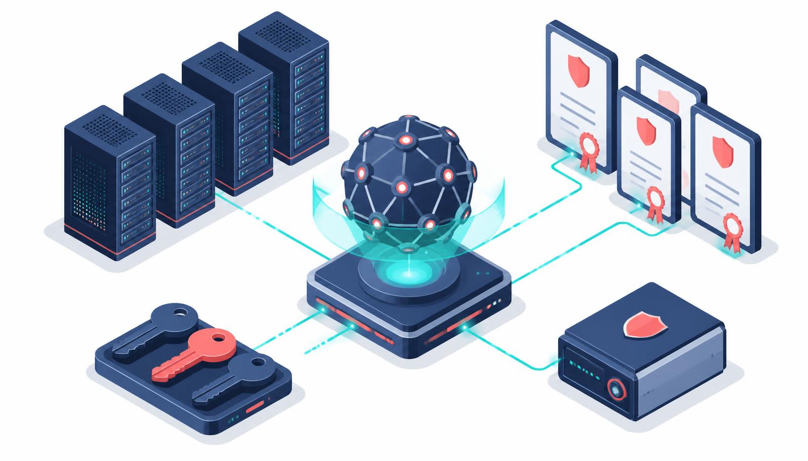 Isometrische illustratie van een AI-netwerk dat certificaten, sleutels en servers scant