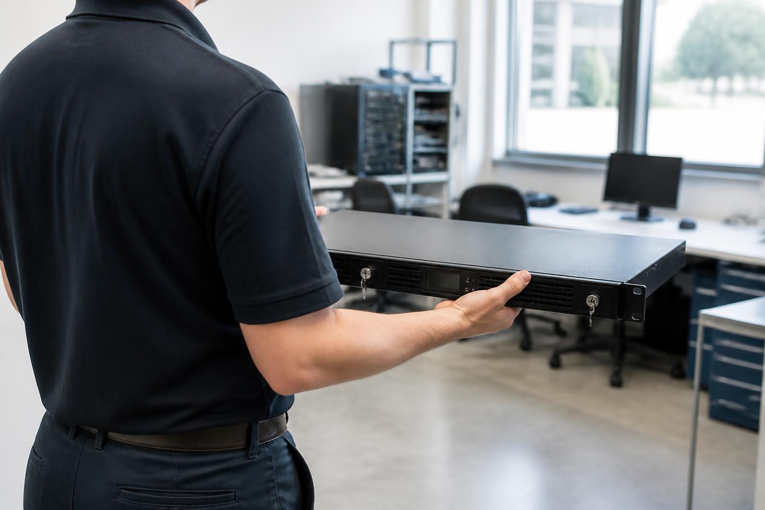 Specialist holding a hardware security module in the technical lab