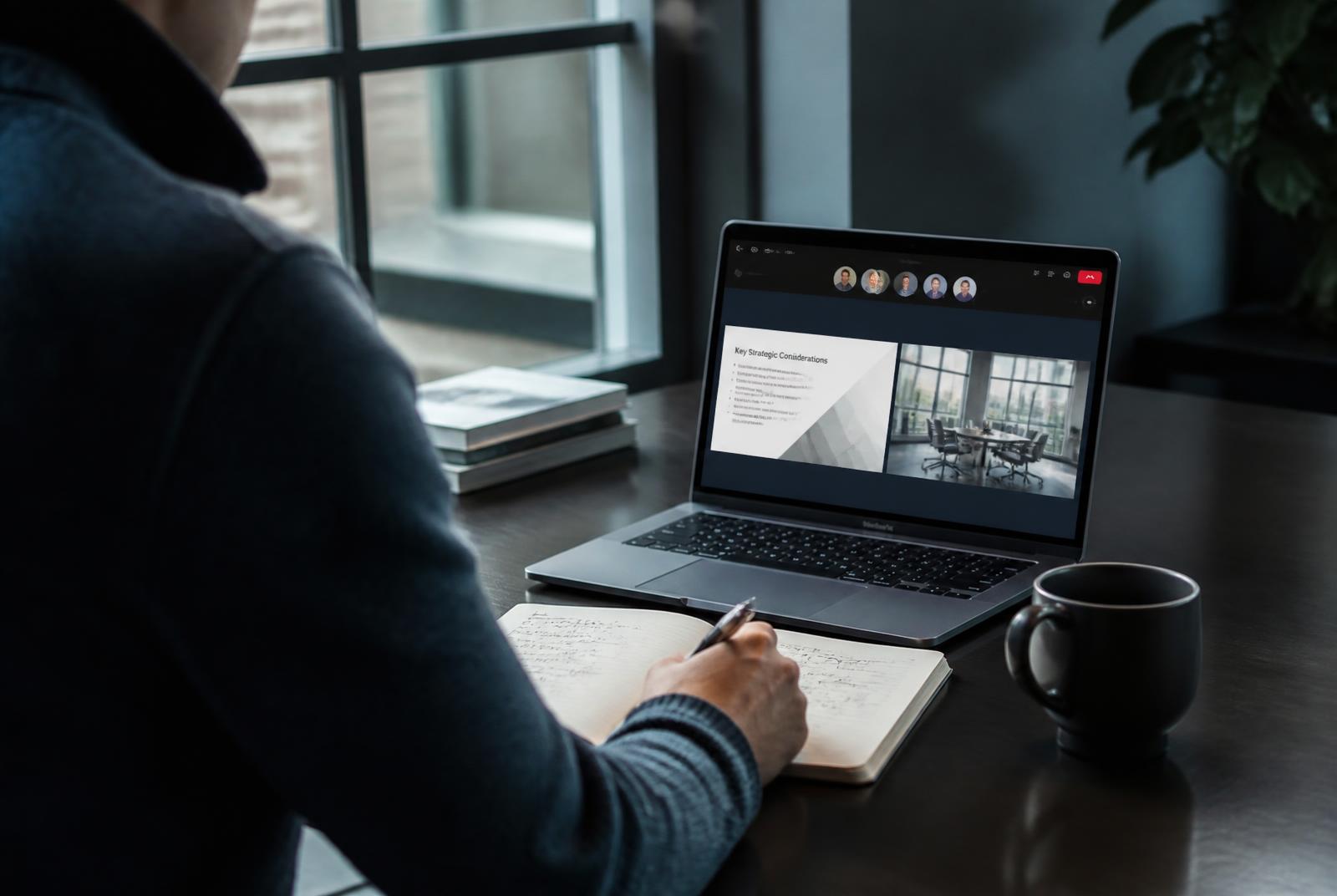 Consultant taking notes during an online client session