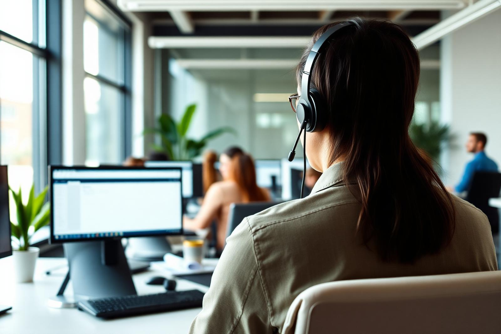 Supportspecialist met headset aan het werk achter de helpdesk