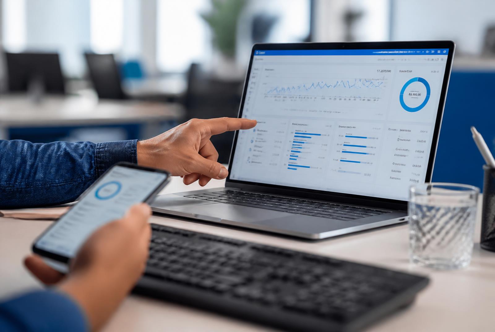 Handen wijzen naar een dashboard op een laptopscherm